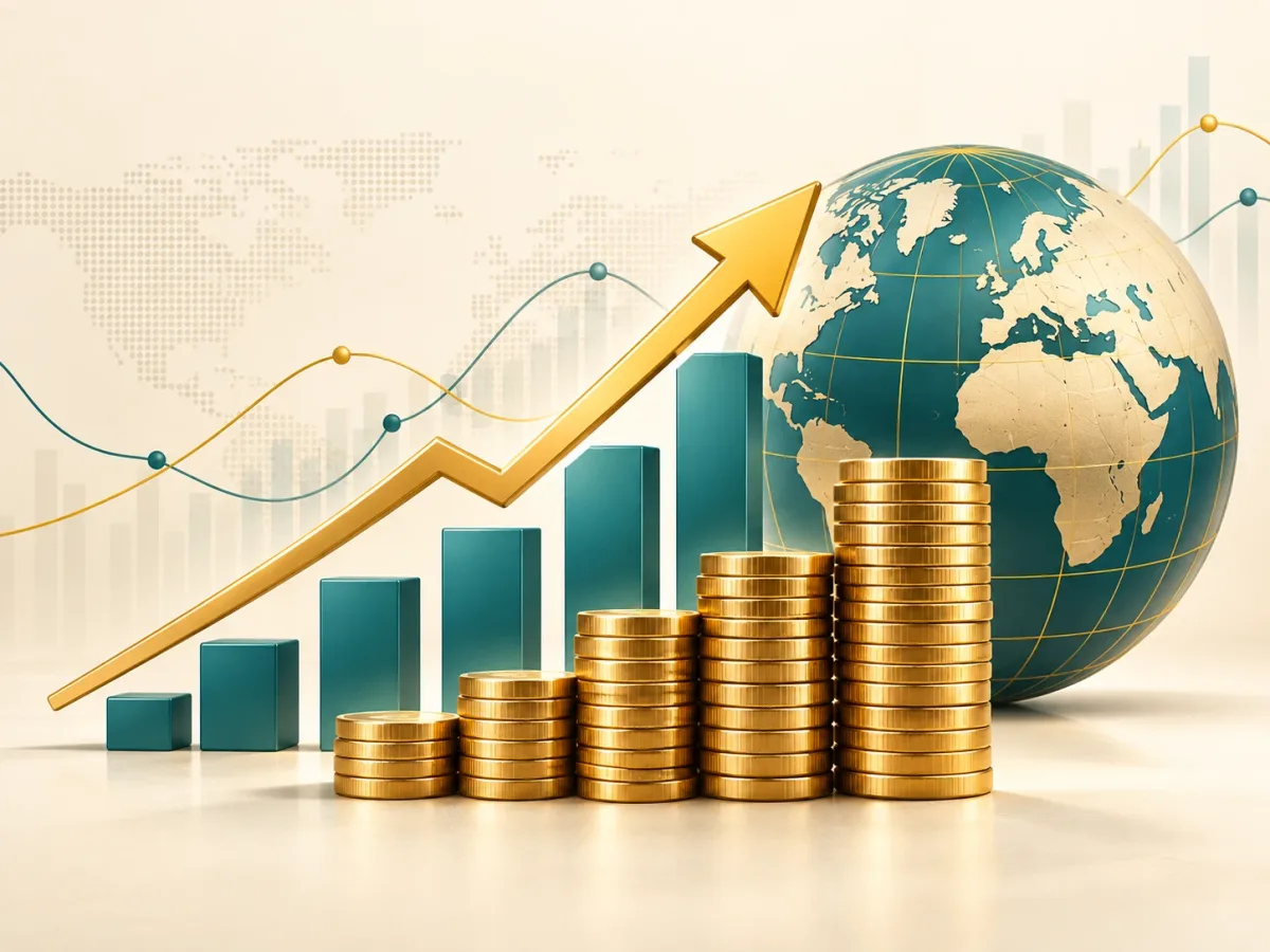 Rising bar chart, stacks of gold coins and a globe