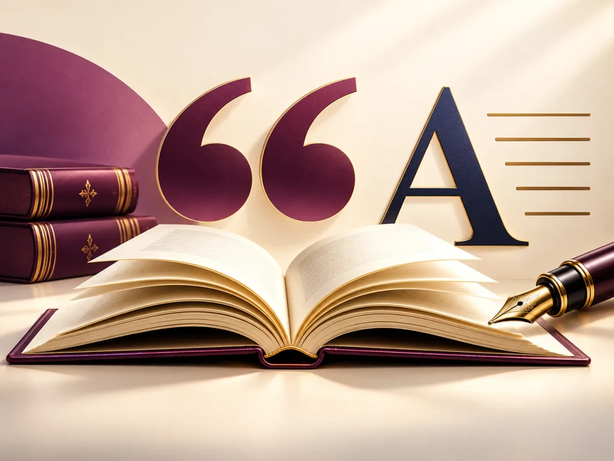 Open book, fountain pen and a large quotation mark in burgundy and gold