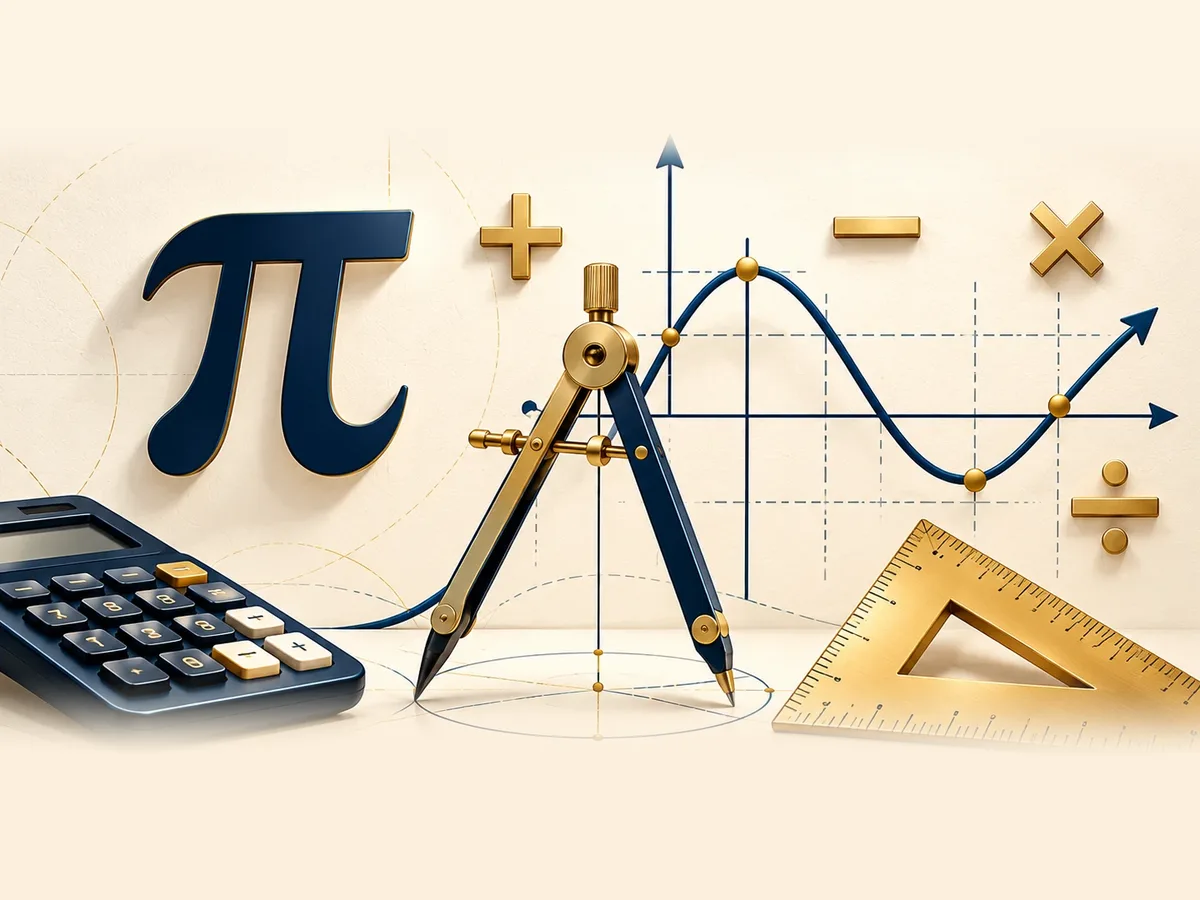 Pi symbol, a sine curve, compasses, a calculator and a set square in navy and gold
