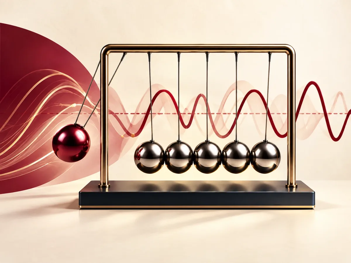 Newton's cradle in motion in front of a red waveform
